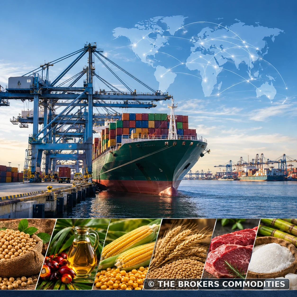 Navio cargueiro e rotas comerciais globais, com commodities agrícolas na faixa inferior.