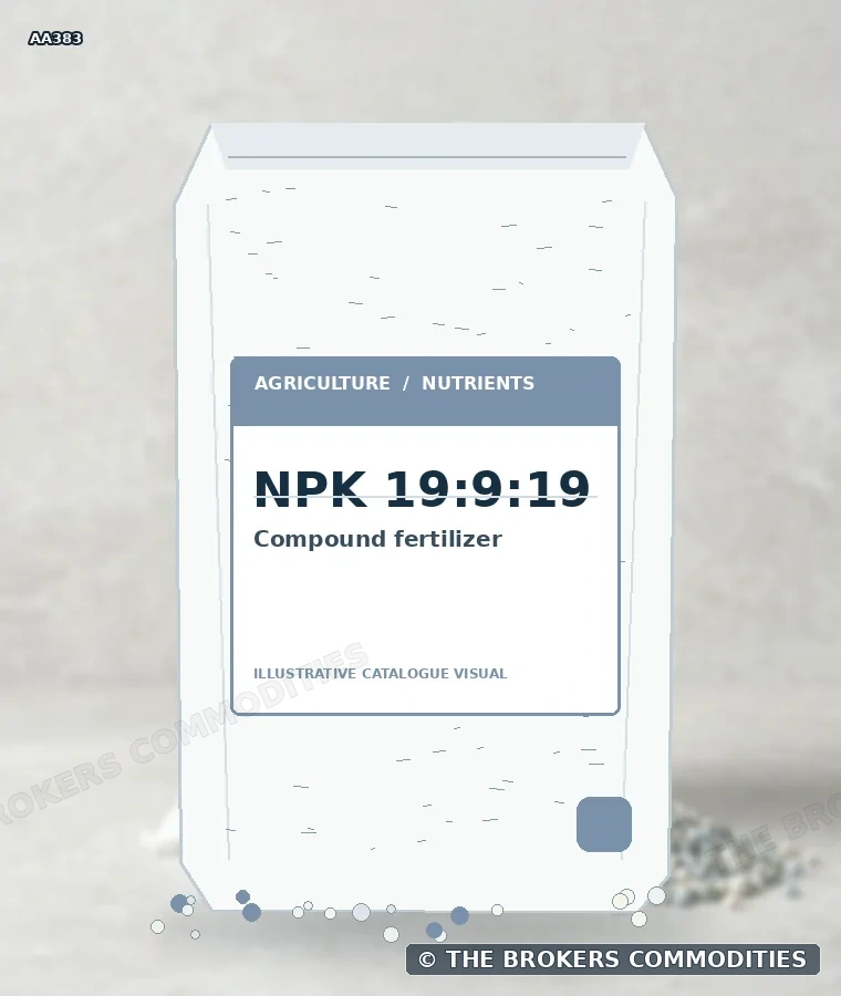 Fertilizante complexo · NPK 19:9:19 — Ilustração da formulação para identificação visual; não representa embalagem, estoque ou lote disponível.
