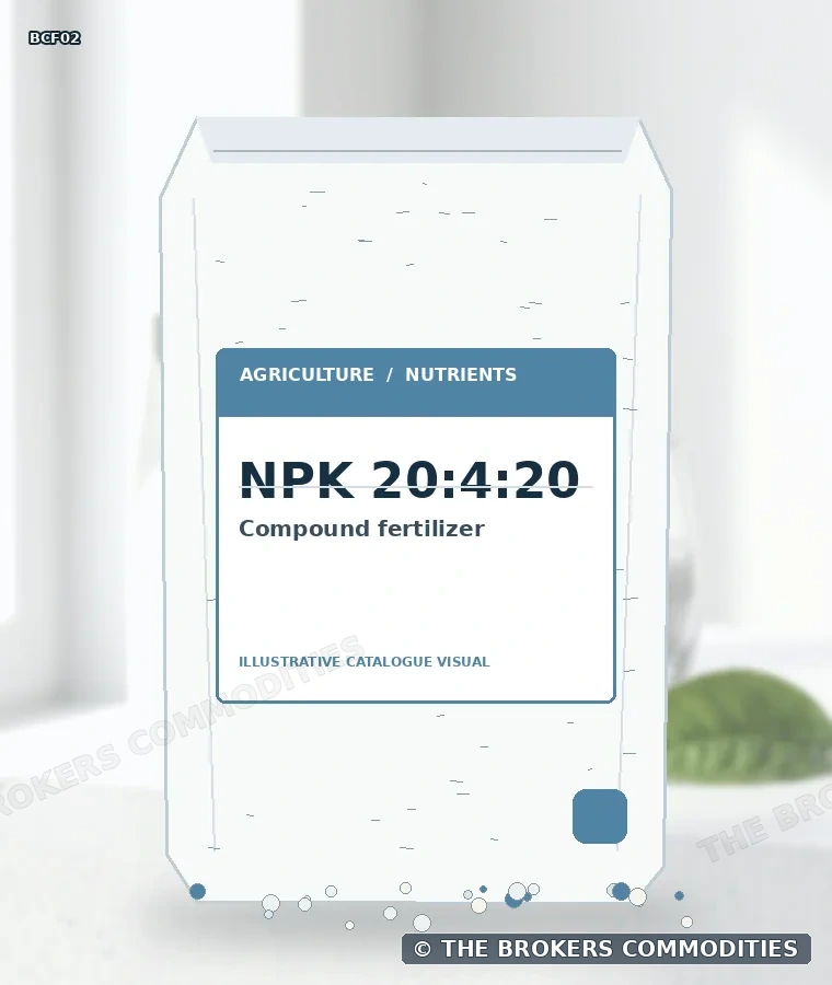 Fertilizante complexo · NPK 20:4:20 — Ilustração da formulação para identificação visual; não representa embalagem, estoque ou lote disponível.