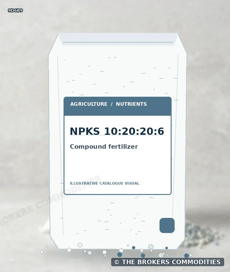 Fertilizante complexo · NPKS 10:20:20:6 — Ilustração da formulação para identificação visual; não representa embalagem, estoque ou lote disponível.