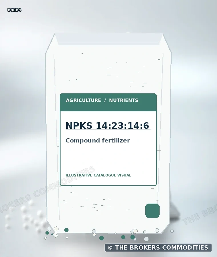 Fertilizante complexo · NPKS 14:23:14:6 — Ilustração da formulação para identificação visual; não representa embalagem, estoque ou lote disponível.