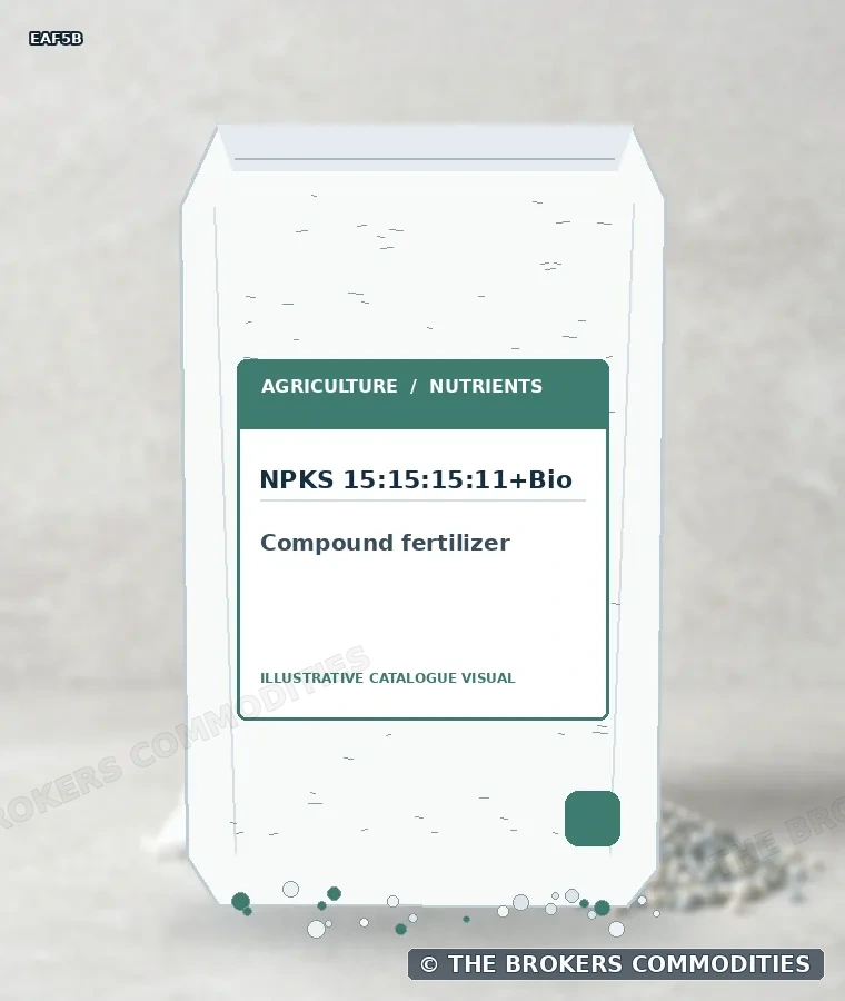Fertilizante complexo · NPKS 15:15:15:11+Bio — Ilustração da formulação para identificação visual; não representa embalagem, estoque ou lote disponível.