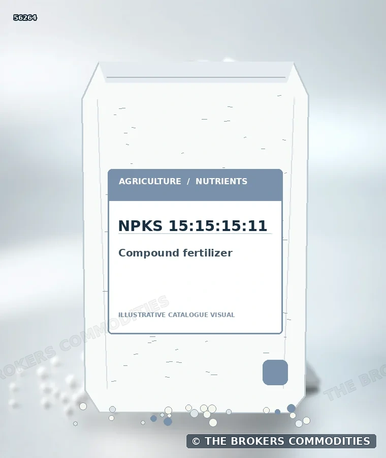 Fertilizante complexo · NPKS 15:15:15:11 — Ilustração da formulação para identificação visual; não representa embalagem, estoque ou lote disponível.
