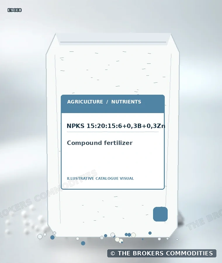 Fertilizante complexo · NPKS 15:20:15:6+0,3B+0,3Zn — Ilustração da formulação para identificação visual; não representa embalagem, estoque ou lote disponível.