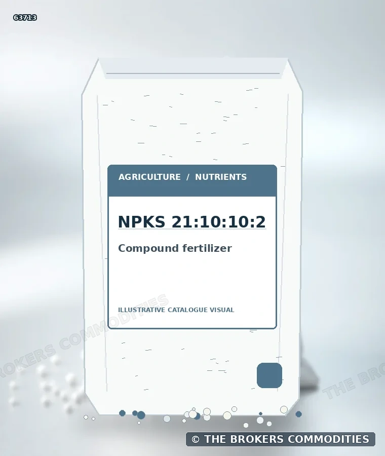 Fertilizante complexo · NPKS 21:10:10:2 — Ilustração da formulação para identificação visual; não representa embalagem, estoque ou lote disponível.