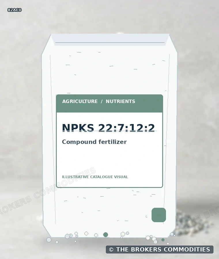 Fertilizante complexo · NPKS 22:7:12:2 — Ilustração da formulação para identificação visual; não representa embalagem, estoque ou lote disponível.