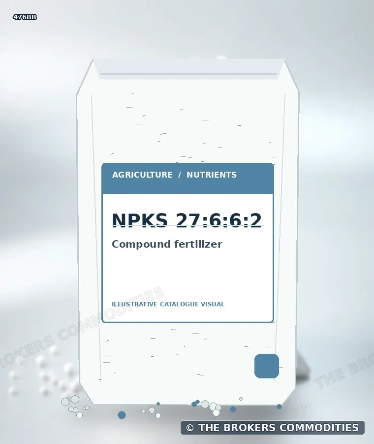 Fertilizante complexo · NPKS 27:6:6:2 — Ilustração da formulação para identificação visual; não representa embalagem, estoque ou lote disponível.