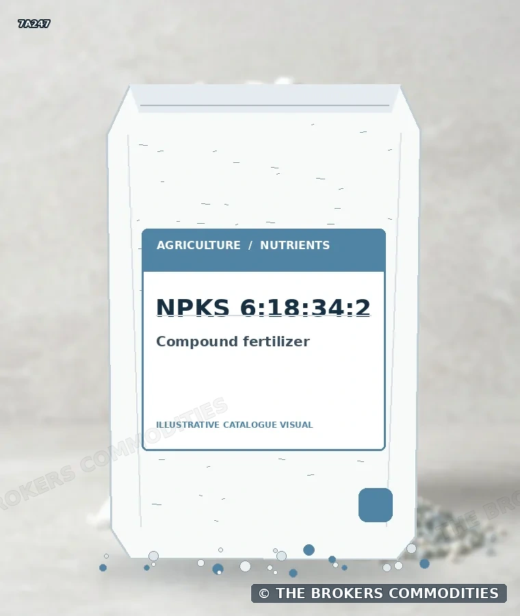 Fertilizante complexo · NPKS 6:18:34:2 — Ilustração da formulação para identificação visual; não representa embalagem, estoque ou lote disponível.