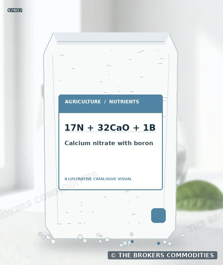 Nitrato de cálcio com boro · 17N + 32CaO + 1B — Ilustração da formulação para identificação visual; não representa embalagem, estoque ou lote disponível.