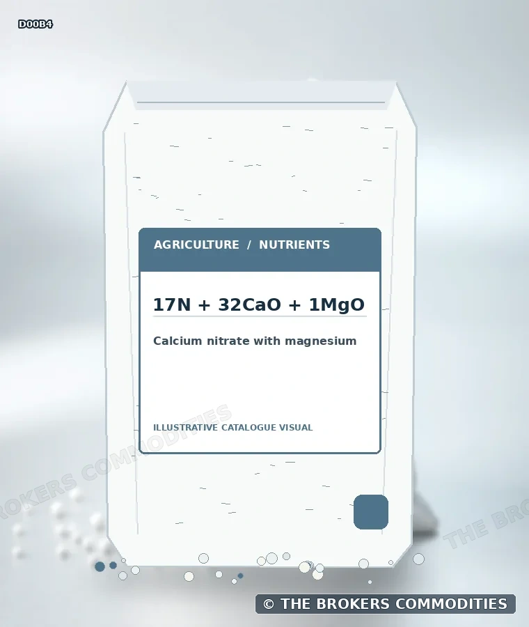 Nitrato de cálcio com magnésio · 17N + 32CaO + 1MgO — Ilustração da formulação para identificação visual; não representa embalagem, estoque ou lote disponível.
