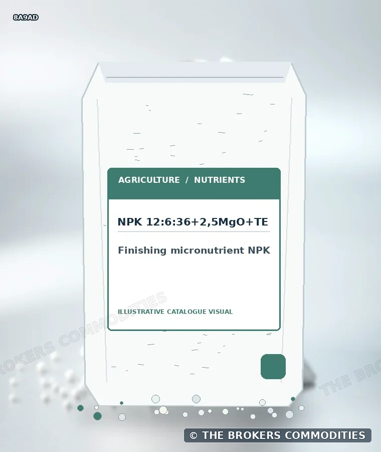 NPK microfinalizador · NPK 12:6:36+2,5MgO+TE — Ilustração da formulação para identificação visual; não representa embalagem, estoque ou lote disponível.