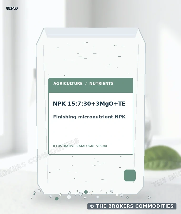 NPK microfinalizador · NPK 15:7:30+3MgO+TE — Ilustração da formulação para identificação visual; não representa embalagem, estoque ou lote disponível.