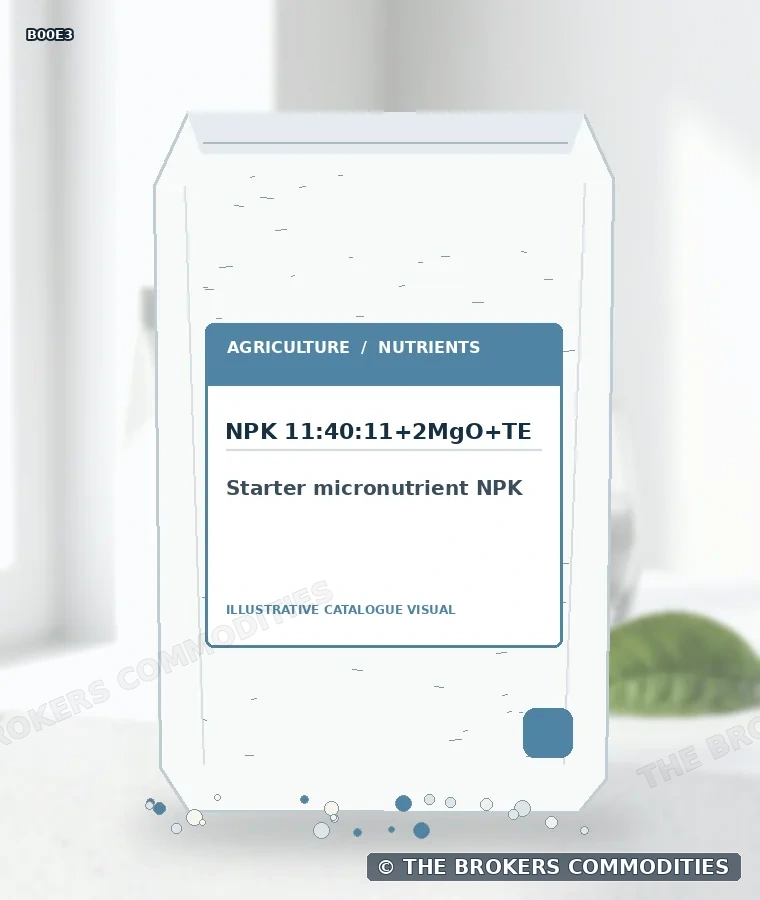 NPK microiniciador · NPK 11:40:11+2MgO+TE — Ilustração da formulação para identificação visual; não representa embalagem, estoque ou lote disponível.