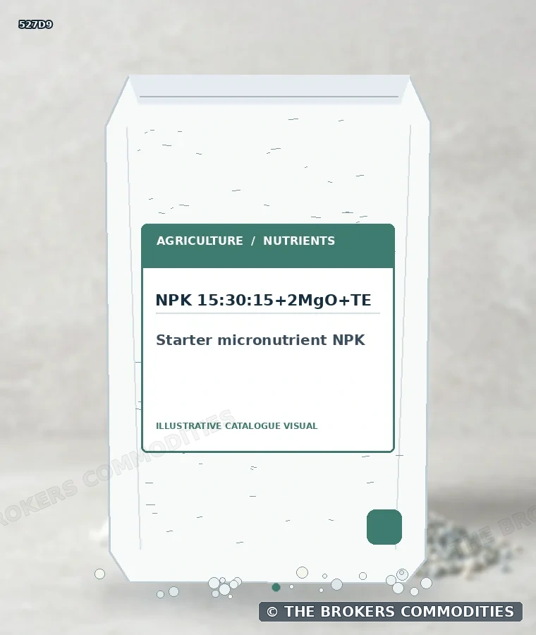 NPK microiniciador · NPK 15:30:15+2MgO+TE — Ilustração da formulação para identificação visual; não representa embalagem, estoque ou lote disponível.