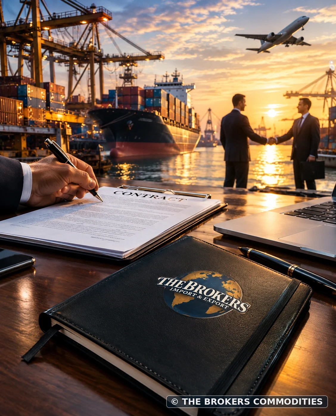 Reunião comercial ao pôr do sol no porto, com contrato e caderno The Brokers.