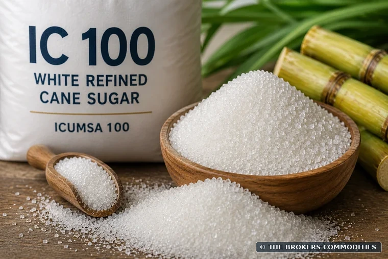 Açúcar ICUMSA 100 cristalizado — Foto do catálogo atual, ilustrativa; não identifica um lote.