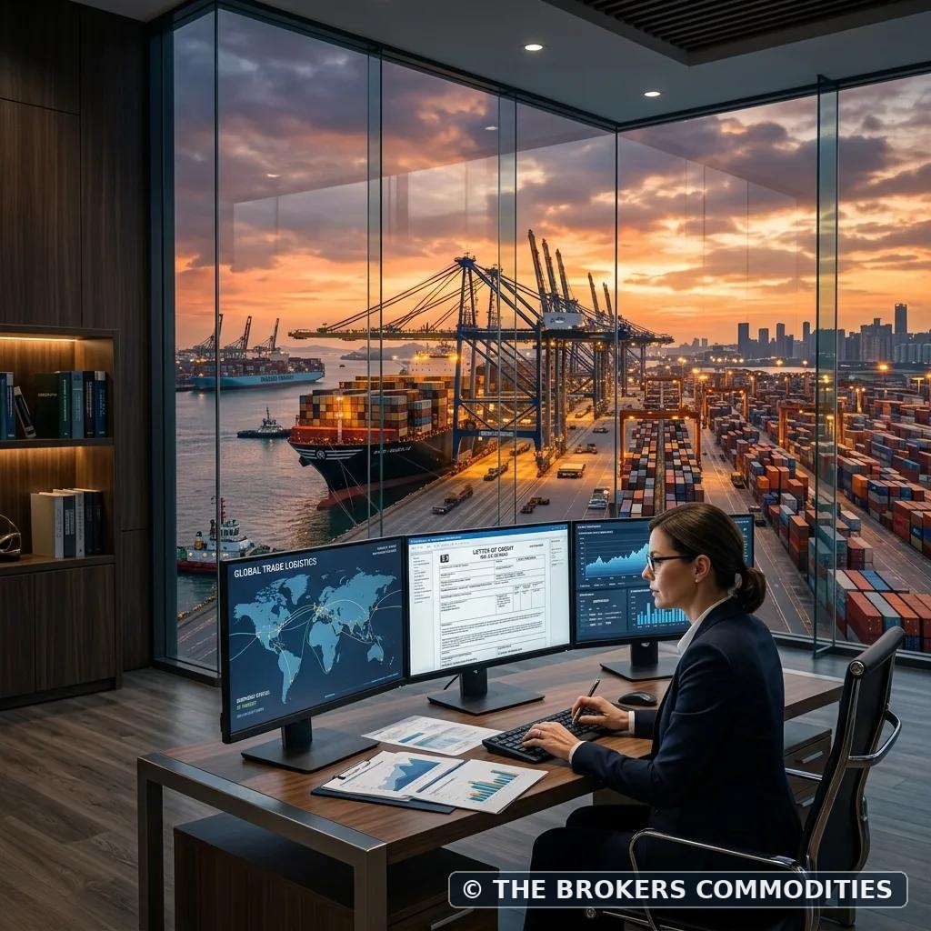 Profissional trabalhando diante de telas, em escritório com vista para um terminal portuário ao pôr do sol. Fotografia ilustrativa.